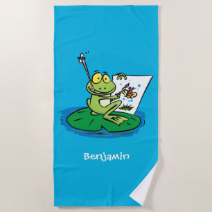 Cute funny green frog cartoon illustration beach towel