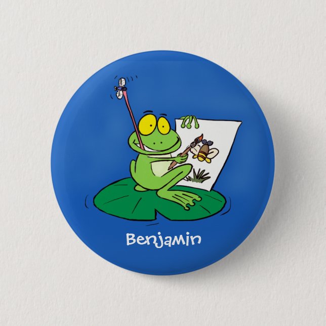 Cute funny green frog cartoon illustration button (Front)