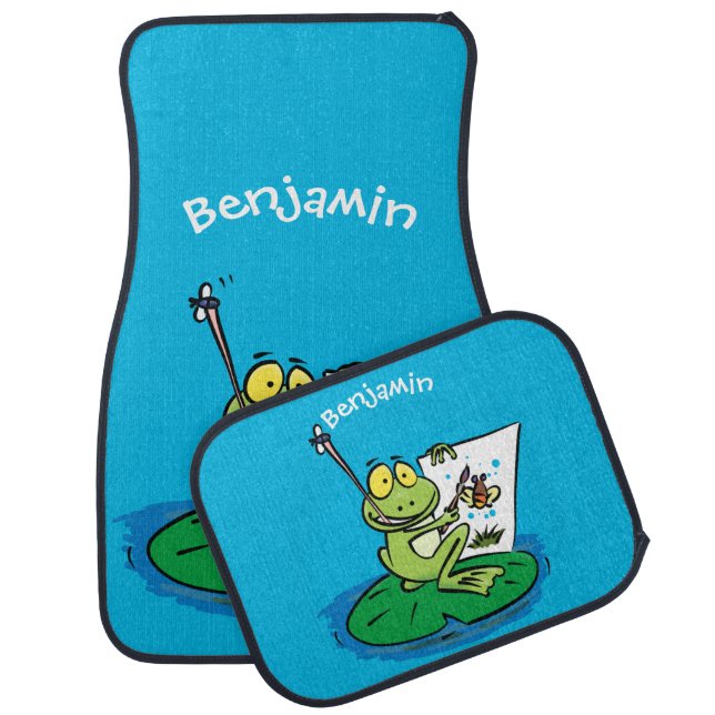 Cute funny green frog cartoon illustration car floor mat (Set)