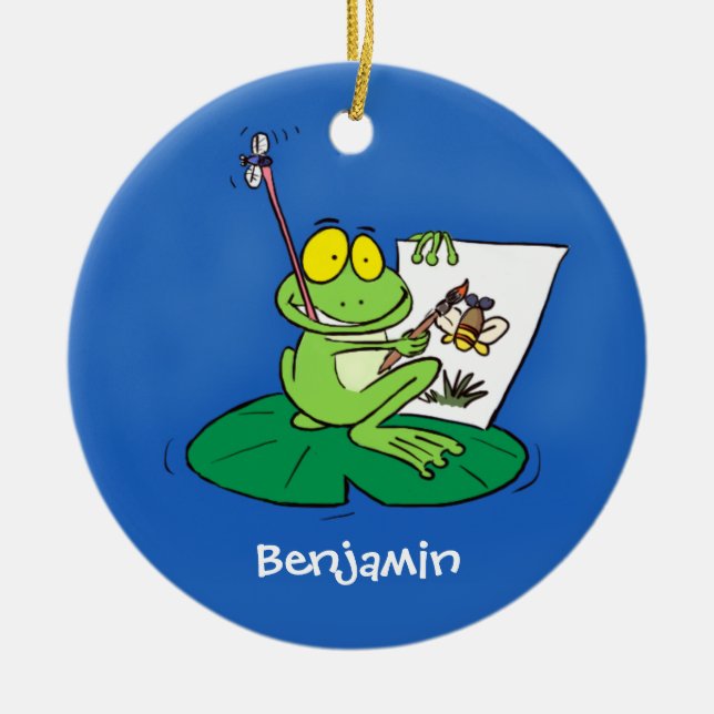 Cute funny green frog cartoon illustration ceramic ornament (Front)