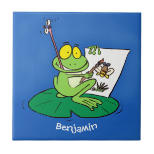 Cute funny green frog cartoon illustration ceramic tile