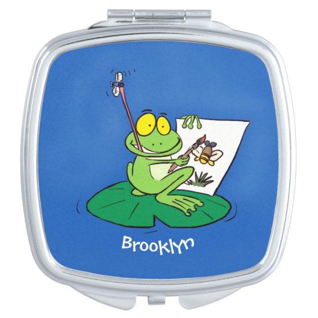 Cute funny green frog cartoon illustration compact mirror (Front)