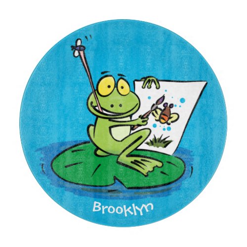 Cute funny green frog cartoon illustration cutting board