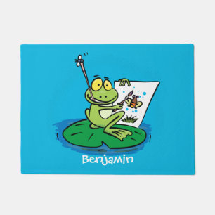 Cute funny green frog cartoon illustration doormat
