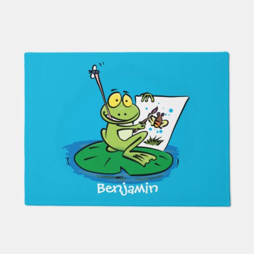 Cute funny green frog cartoon illustration  doormat