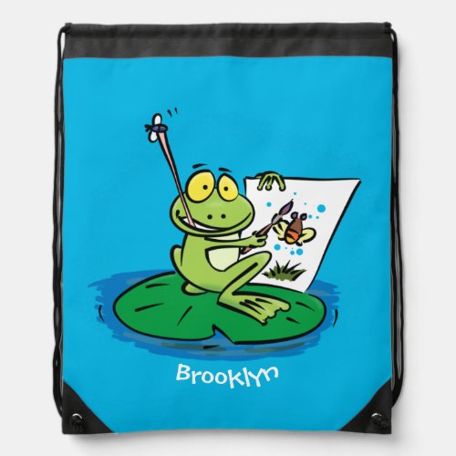 Cute funny green frog cartoon illustration drawstring bag