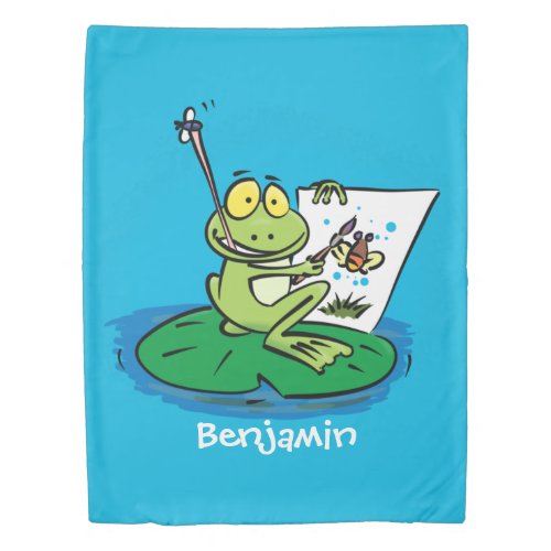 Cute funny green frog cartoon illustration duvet cover