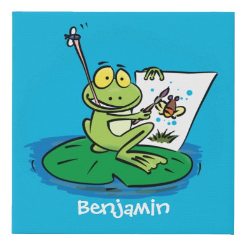 Cute funny green frog cartoon illustration  faux canvas print