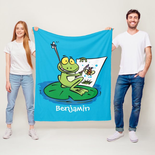 Cute funny green frog cartoon illustration fleece blanket (In Situ)