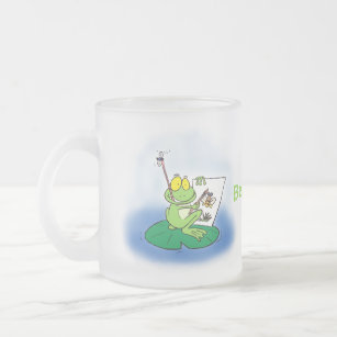 Cute funny green frog cartoon illustration frosted glass coffee mug