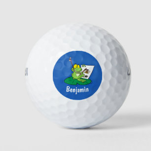 Cute funny green frog cartoon illustration golf balls