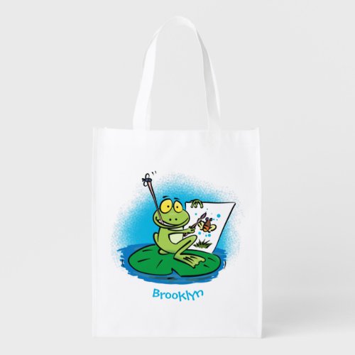 Cute funny green frog cartoon illustration grocery bag