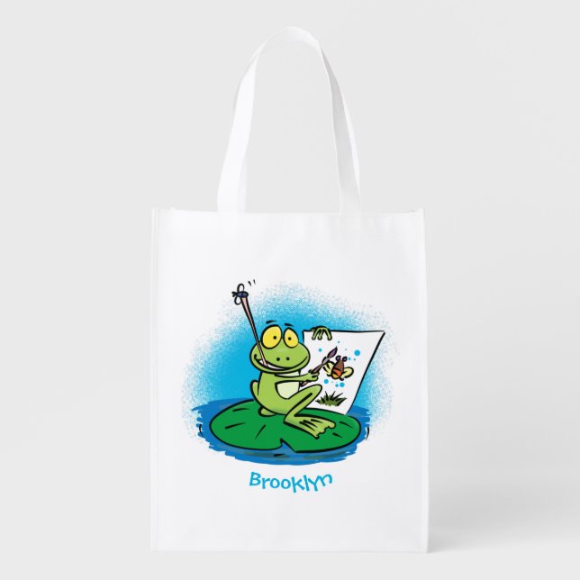 Cute funny green frog cartoon illustration grocery bag (Front)