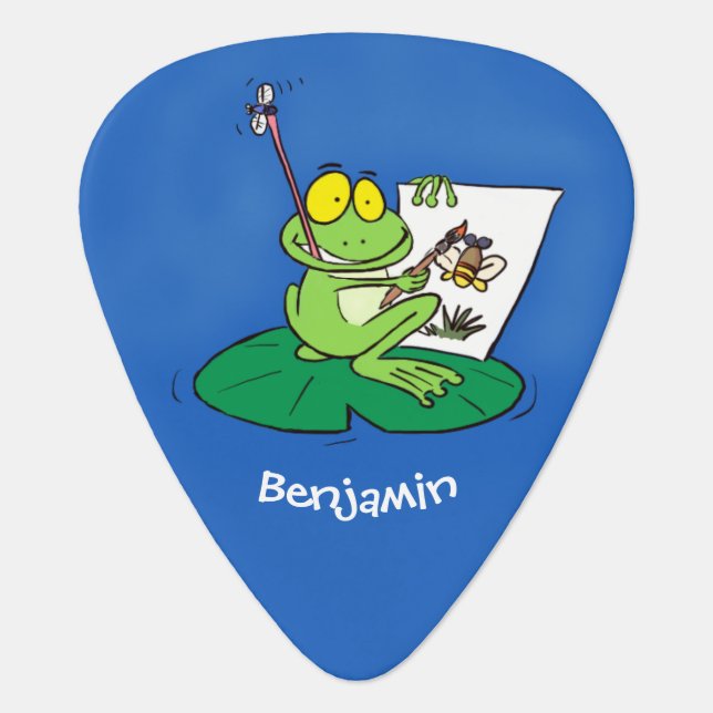 Cute funny green frog cartoon illustration  guitar pick (Front)