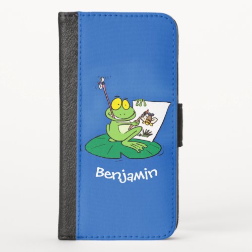 Cute funny green frog cartoon illustration iPhone x wallet case