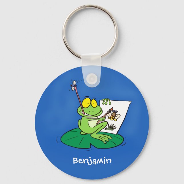 Cute funny green frog cartoon illustration keychain (Front)