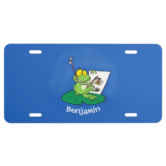 Cute funny green frog cartoon illustration license plate (Front)