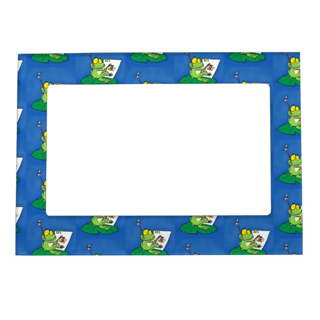 Cute funny green frog cartoon illustration magnetic frame (Front)