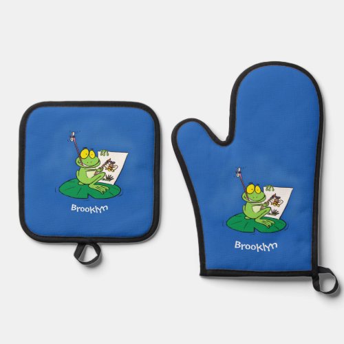 Cute funny green frog cartoon illustration oven mitt  pot holder set