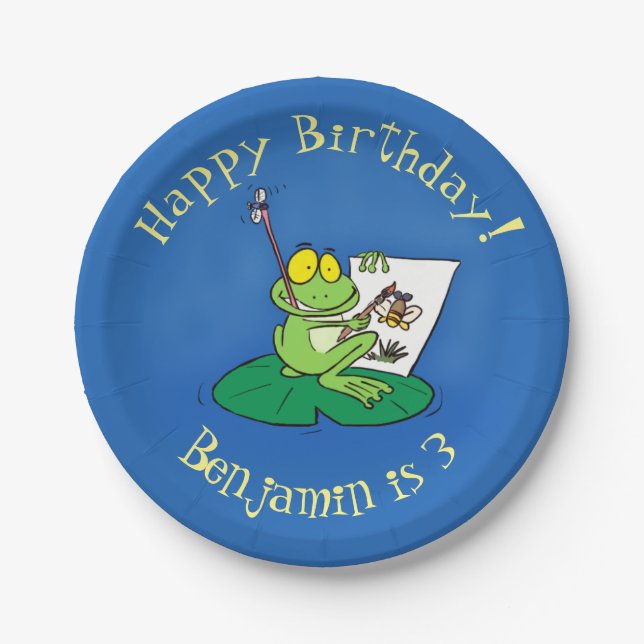 Cute funny green frog cartoon illustration paper plates (Front)
