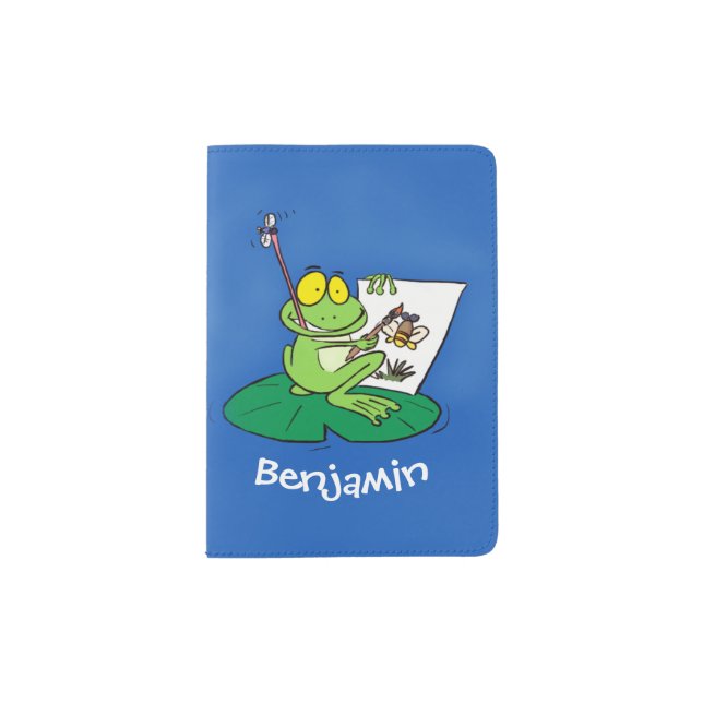 Cute funny green frog cartoon illustration passport holder (Front)