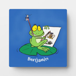 Cute funny green frog cartoon illustration plaque