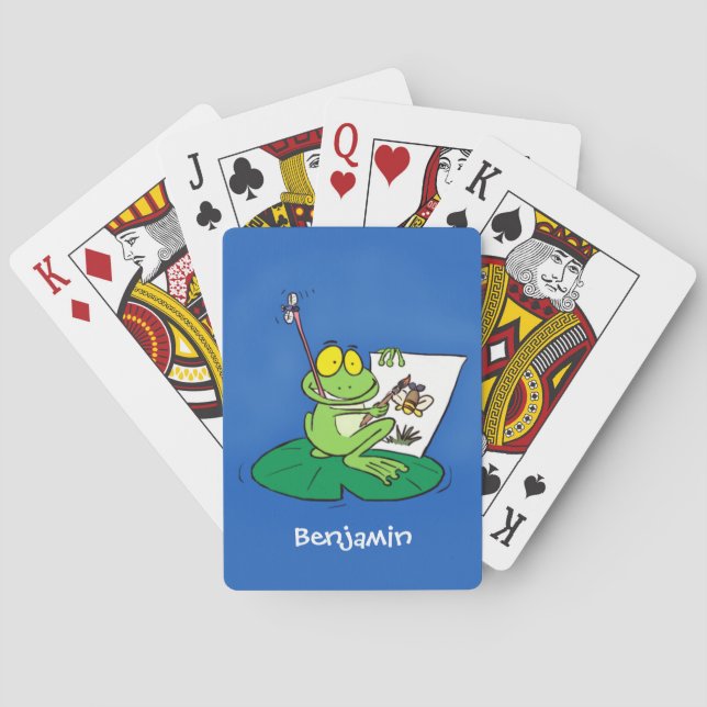 Cute funny green frog cartoon illustration poker cards (Back)