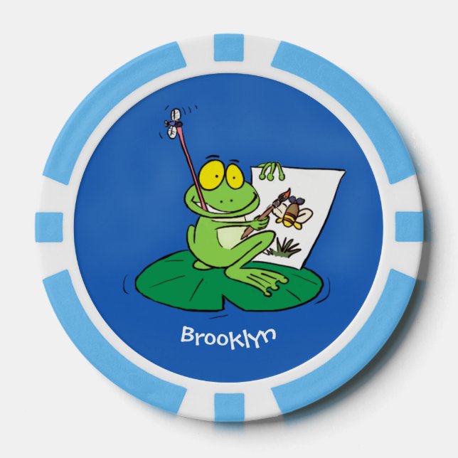 Cute funny green frog cartoon illustration poker chips (Front)