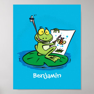 Cute funny green frog cartoon illustration poster
