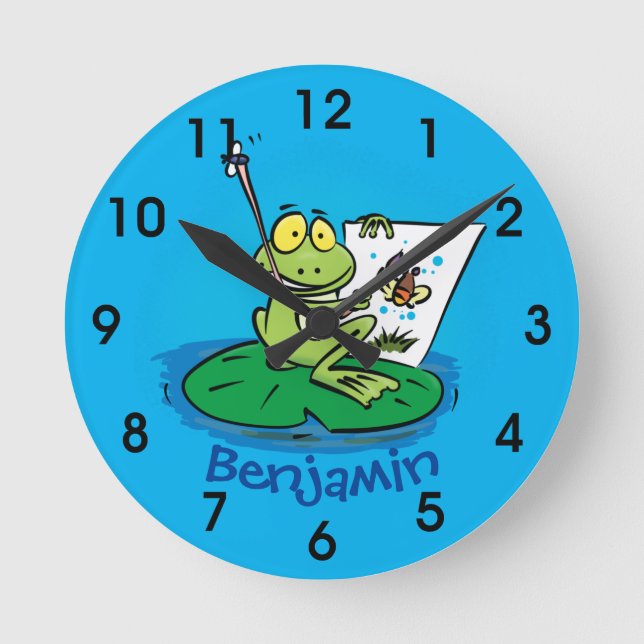Cute funny green frog cartoon illustration round c clock (Front)