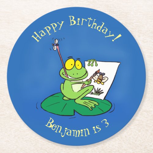 Cute funny green frog cartoon illustration round paper coaster