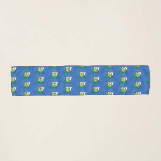 Cute funny green frog cartoon illustration scarf (Front (Horizontal))