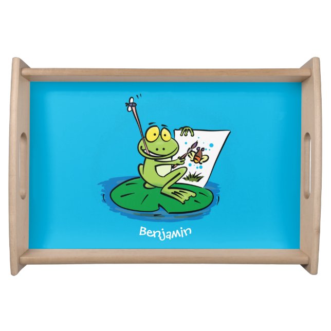 Cute funny green frog cartoon illustration serving tray (Front)