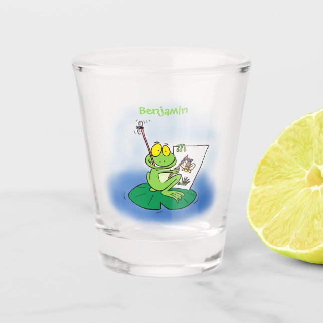 Cute funny green frog cartoon illustration  shot glass (Front)