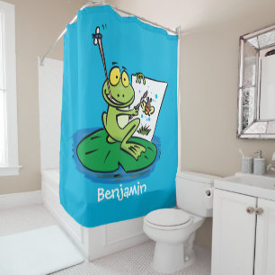 Cute funny green frog cartoon illustration shower curtain