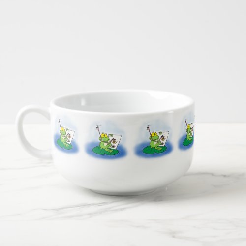 Cute funny green frog cartoon illustration  soup mug