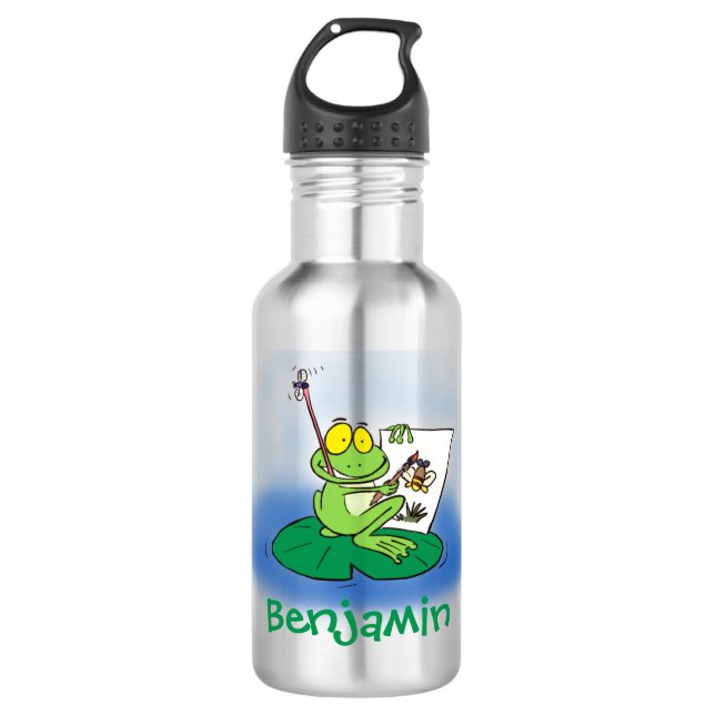 Cute funny green frog cartoon illustration stainless steel water bottle (Front)