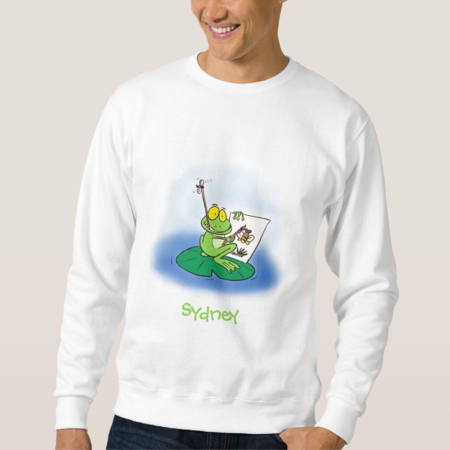 Cute funny green frog cartoon illustration sweatshirt (Front)