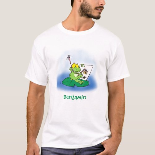 Cute funny green frog cartoon illustration T_Shirt
