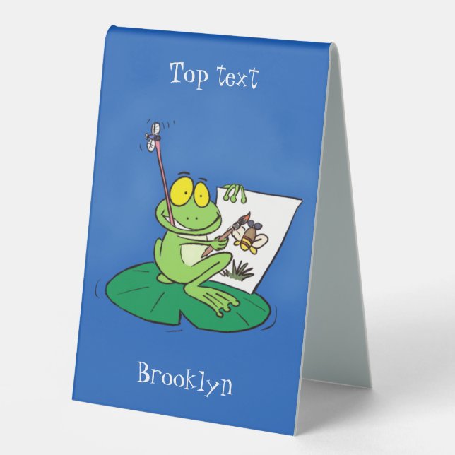 Cute funny green frog cartoon illustration table tent (Front)