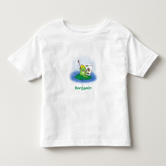 Cute funny green frog cartoon illustration toddler t-shirt (Front)