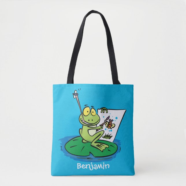 Cute funny green frog cartoon illustration  tote bag (Front)