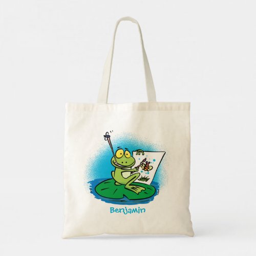 Cute funny green frog cartoon illustration  tote bag