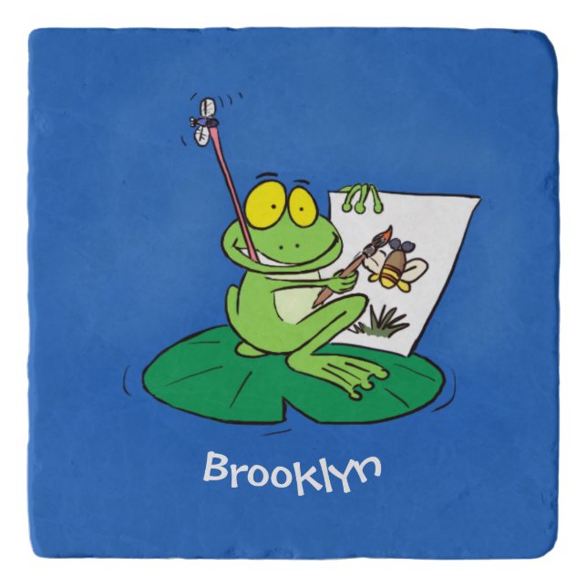 Cute funny green frog cartoon illustration trivet (Front)
