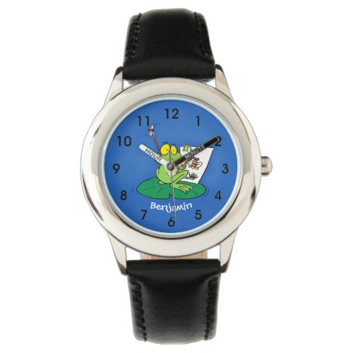 Cute funny green frog cartoon illustration watch