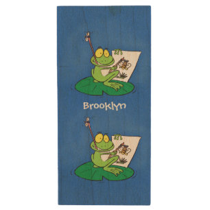 Cute funny green frog cartoon illustration wood flash drive