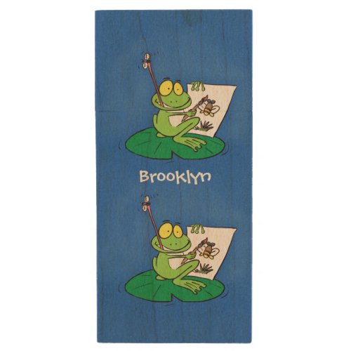 Cute funny green frog cartoon illustration wood flash drive