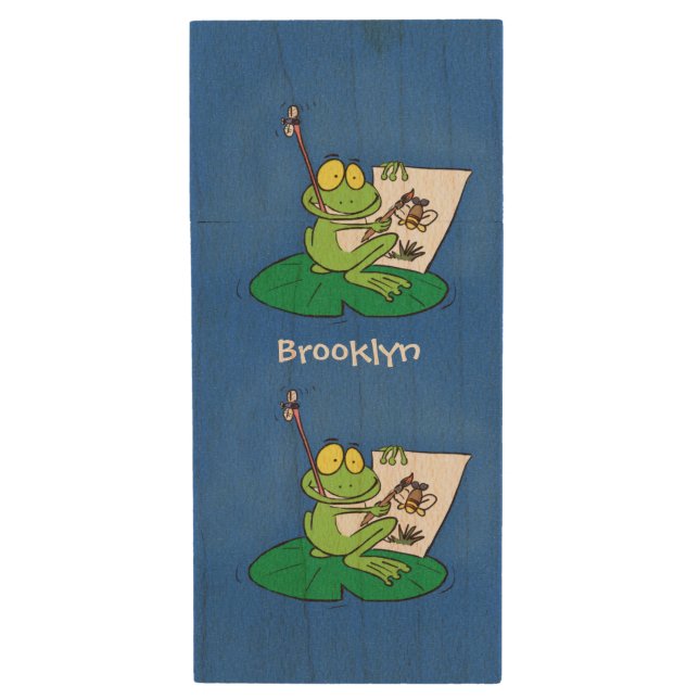 Cute funny green frog cartoon illustration wood flash drive (Front Vertical)