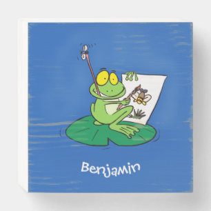 Cute funny green frog cartoon illustration wooden box sign