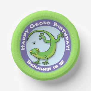 Cute funny green gecko cartoon birthday paper bowls